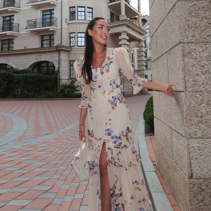 Women's Floral V Neck Puff Sleeve Maxi Dress with Fit and Flare Skirt