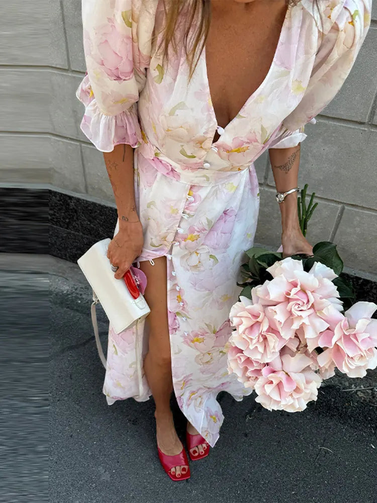Women's Floral V Neck Puff Sleeve Maxi Dress with Fit and Flare Skirt