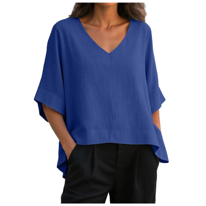 Women’s V Neck Loose Blouse with Half Sleeves and Casual Summer Fit