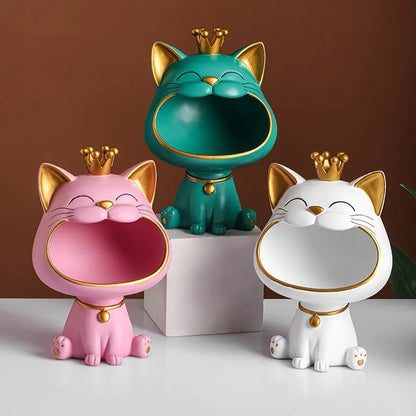 LZINA™ | Fortune Crown Big Mouth Cat Entrance Key Holder Decorative Ornament, Light Luxury Housewarming Gift Sculpture