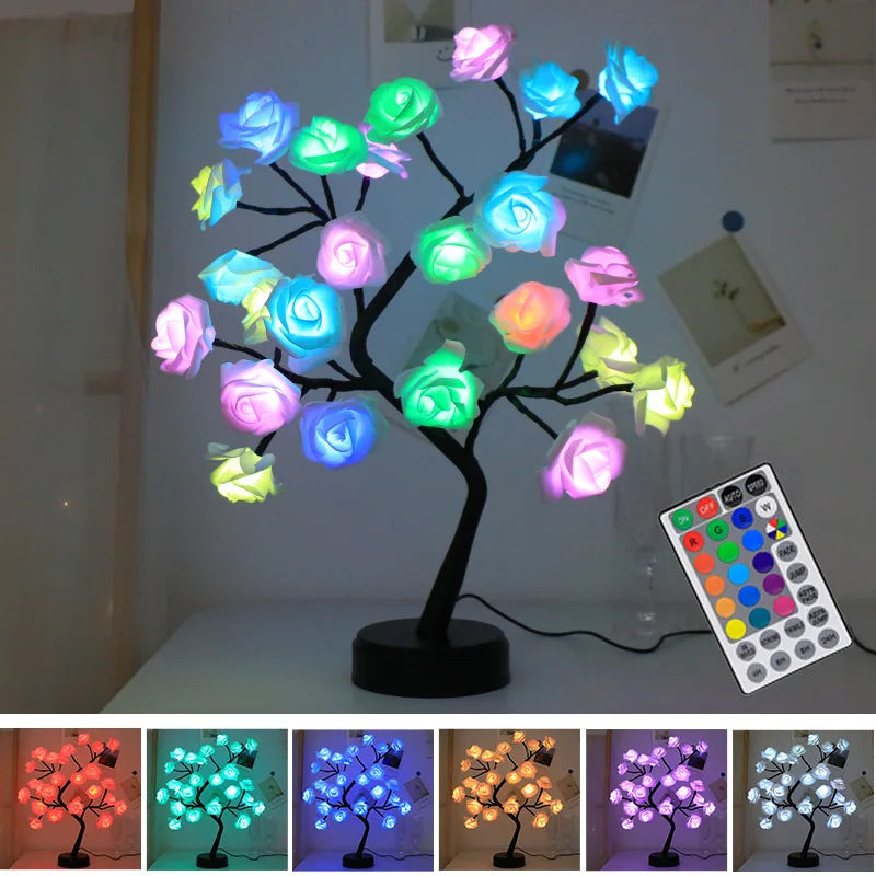 LZINA™ | RGB Rose Flower Tree Lights 24LED USB Battery Table Lamp Fairy Night Light Home Party Christmas Wedding Bedroom Decoration Gift