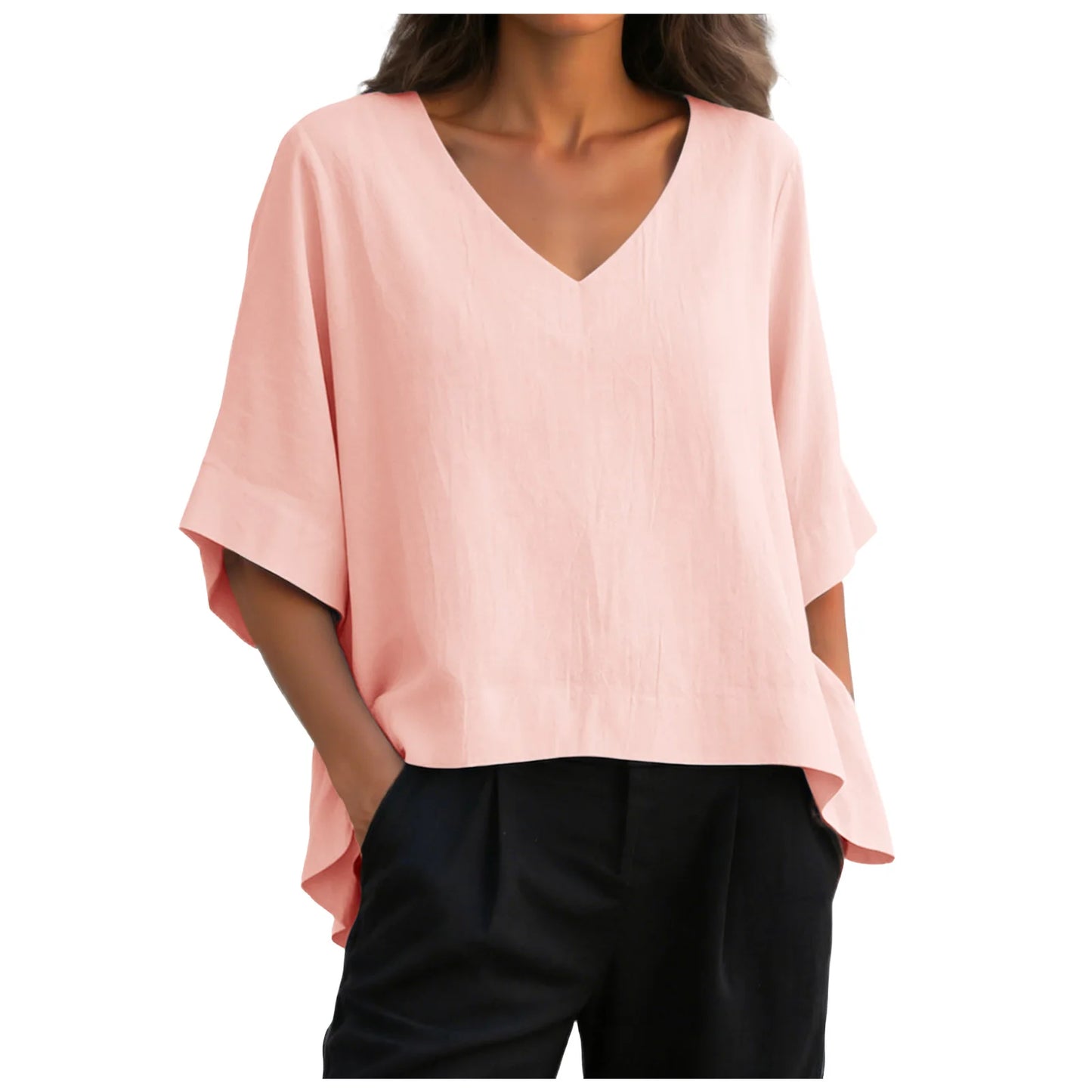 Women’s V Neck Loose Blouse with Half Sleeves and Casual Summer Fit