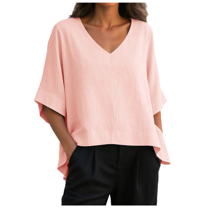 Women’s V Neck Loose Blouse with Half Sleeves and Casual Summer Fit