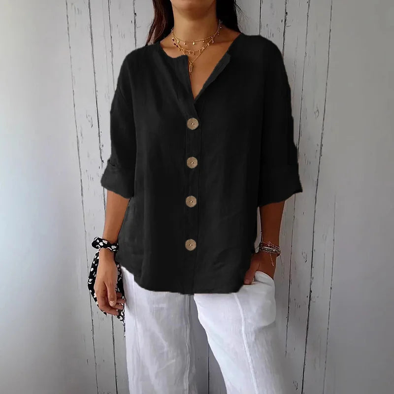 Women’s Loose V Neck Button Blouse with Three Quarter Sleeves and Cotton Linen Fabric