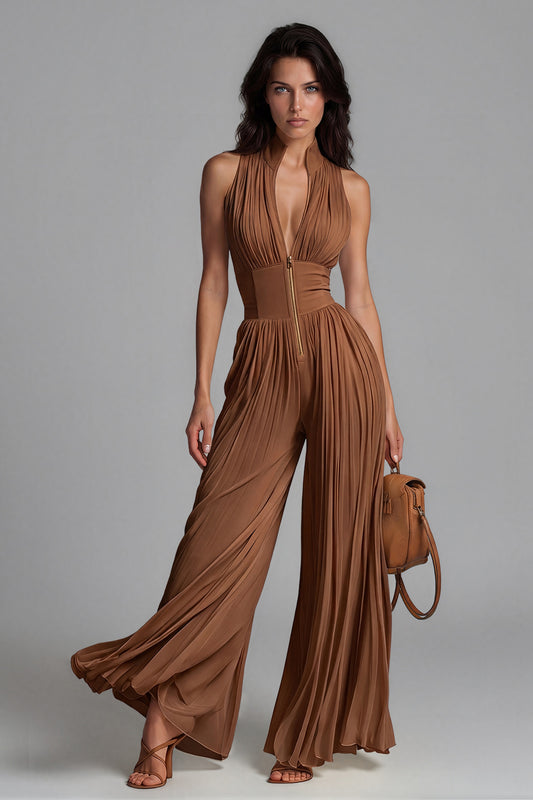 Women’s Brown Wide Leg Jumpsuit with V Neck, Ruched Detail and Front Zip
