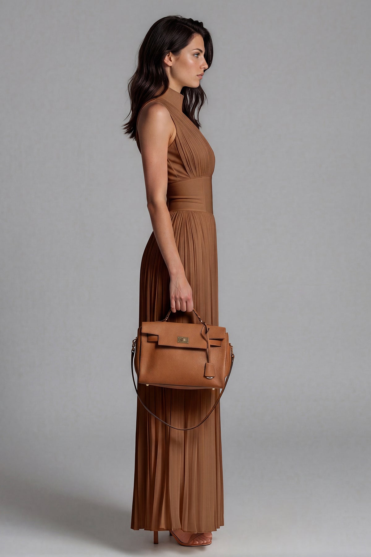 Women’s Brown Wide Leg Jumpsuit with V Neck, Ruched Detail and Front Zip