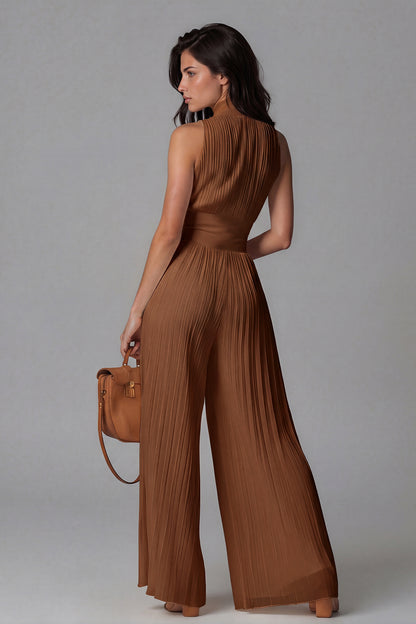 Women’s Brown Wide Leg Jumpsuit with V Neck, Ruched Detail and Front Zip