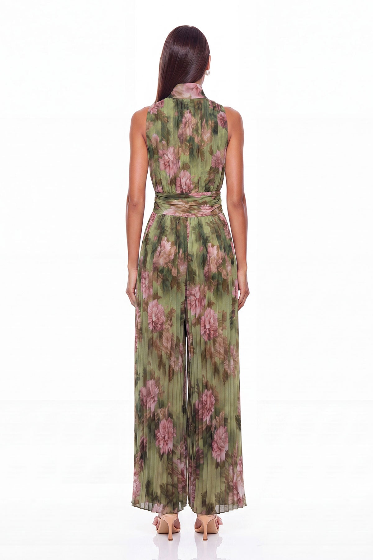 Women’s Green Printed Wide Leg Jumpsuit with V Neck, Ruched Waist and Zip Detail