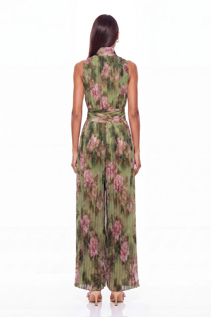 Women’s Green Printed Wide Leg Jumpsuit with V Neck, Ruched Waist and Zip Detail