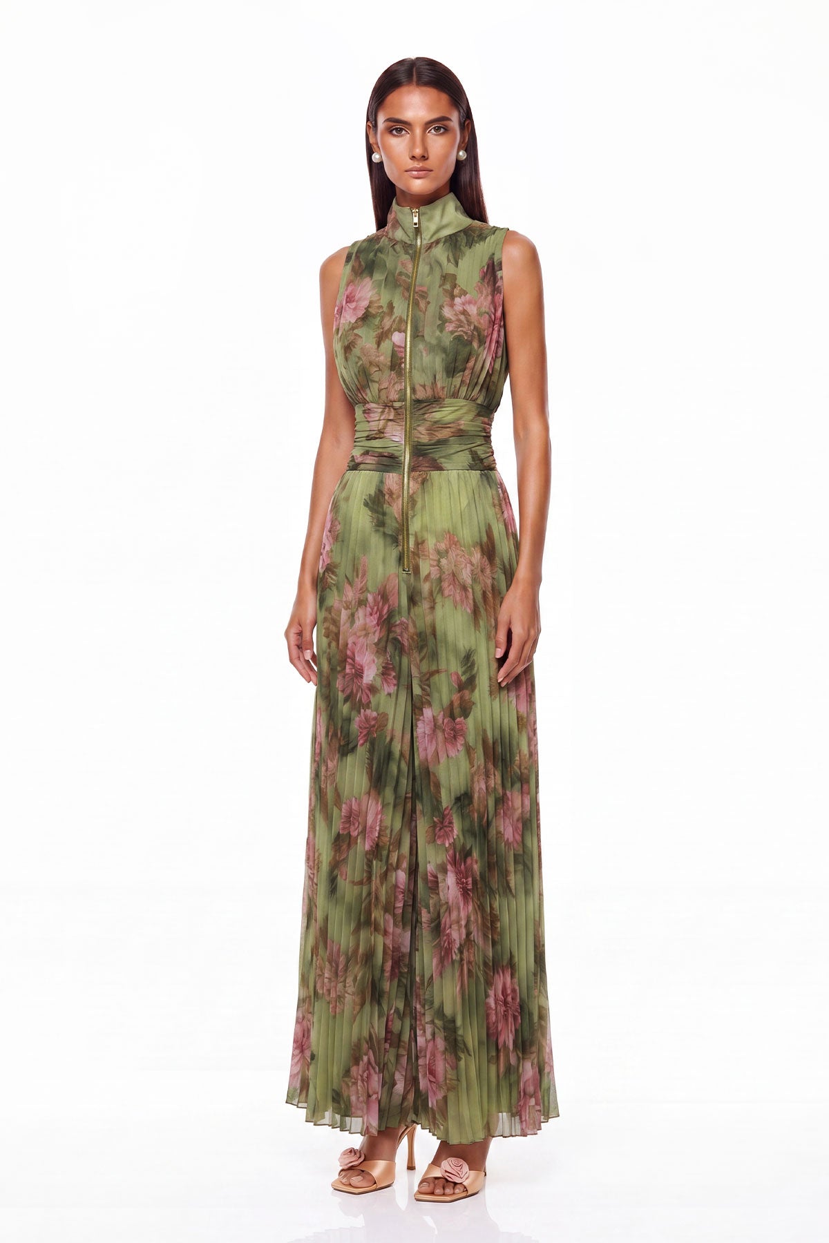 Women’s Green Printed Wide Leg Jumpsuit with V Neck, Ruched Waist and Zip Detail