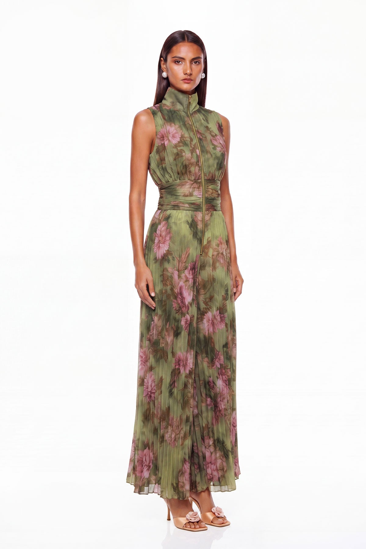 Women’s Green Printed Wide Leg Jumpsuit with V Neck, Ruched Waist and Zip Detail