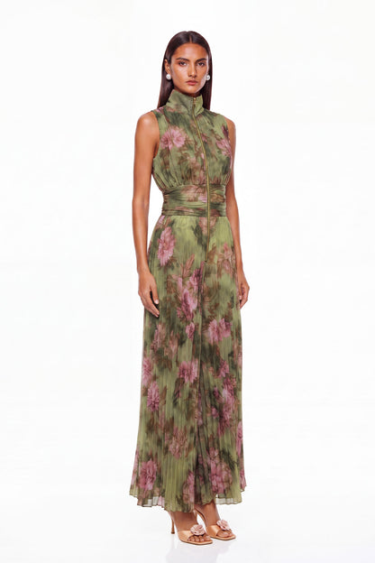 Women’s Green Printed Wide Leg Jumpsuit with V Neck, Ruched Waist and Zip Detail