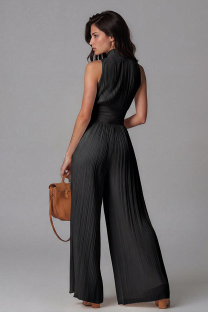 Women’s Black Wide Leg Jumpsuit with V Neck, Ruched Detail and Front Zip