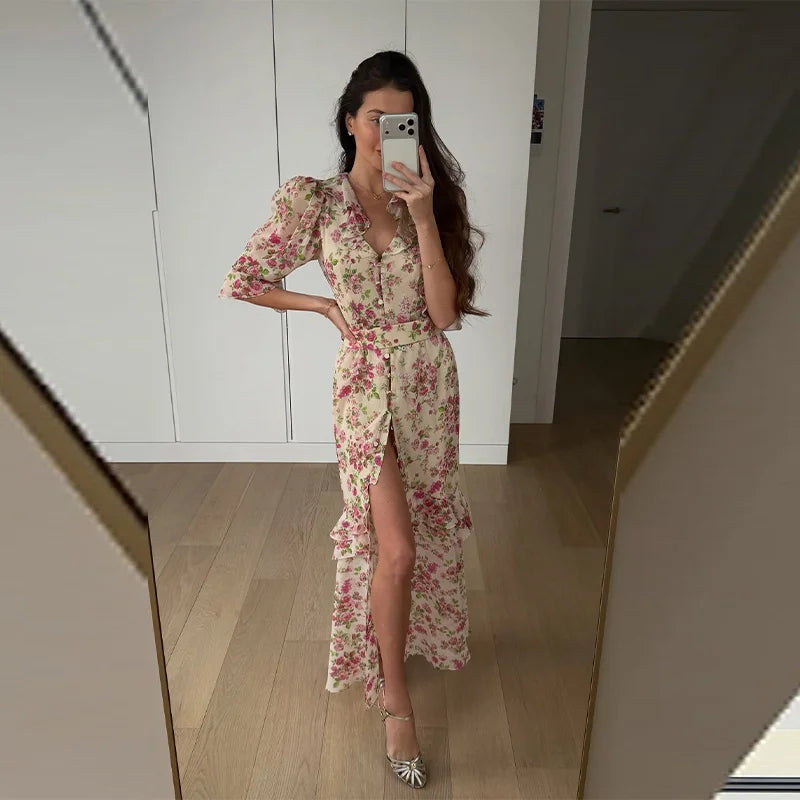 Women's White Floral V Neck Maxi Dress with Puff Sleeves and Fishtail Hem