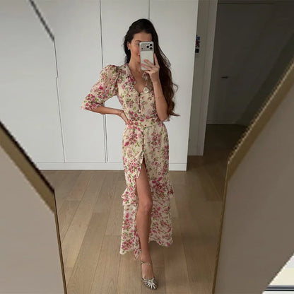 Women's White Floral V Neck Maxi Dress with Puff Sleeves and Fishtail Hem