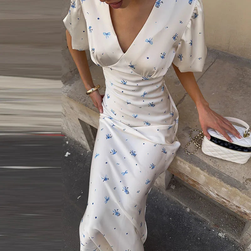 Women's Floral V Neck Puff Sleeve Maxi Dress with Fit and Flare Skirt