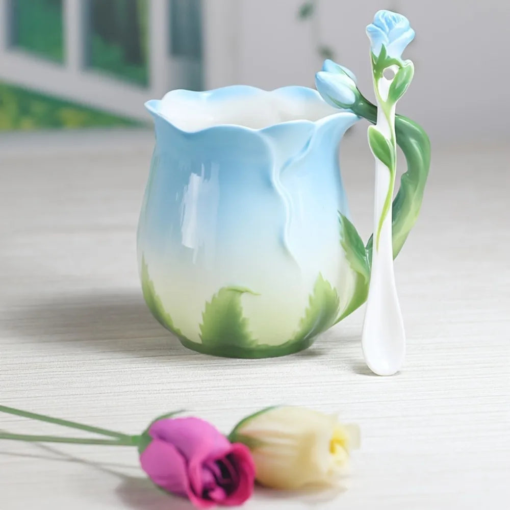 BowLift | 3D Rose Flower Coffee Mug Ceramic Coffee Mugs Cute Aesthetic Water Cups with Spoon Summer Winter Drinking Utensils Valentine's Day Gifts