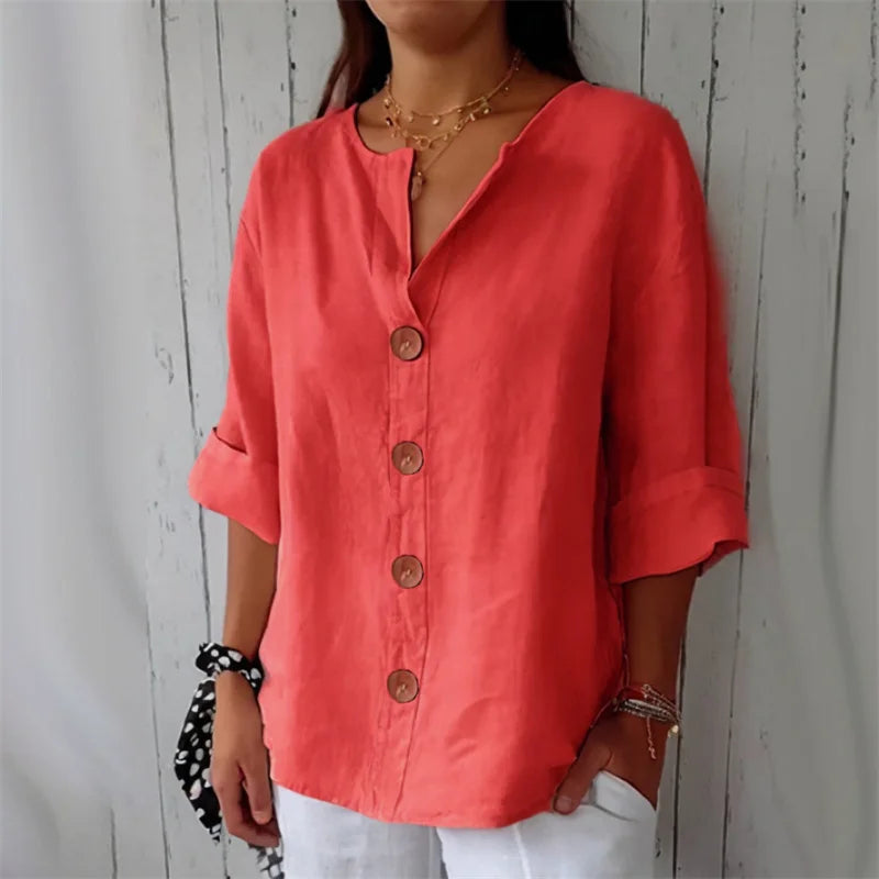 Women’s Loose V Neck Button Blouse with Three Quarter Sleeves and Cotton Linen Fabric