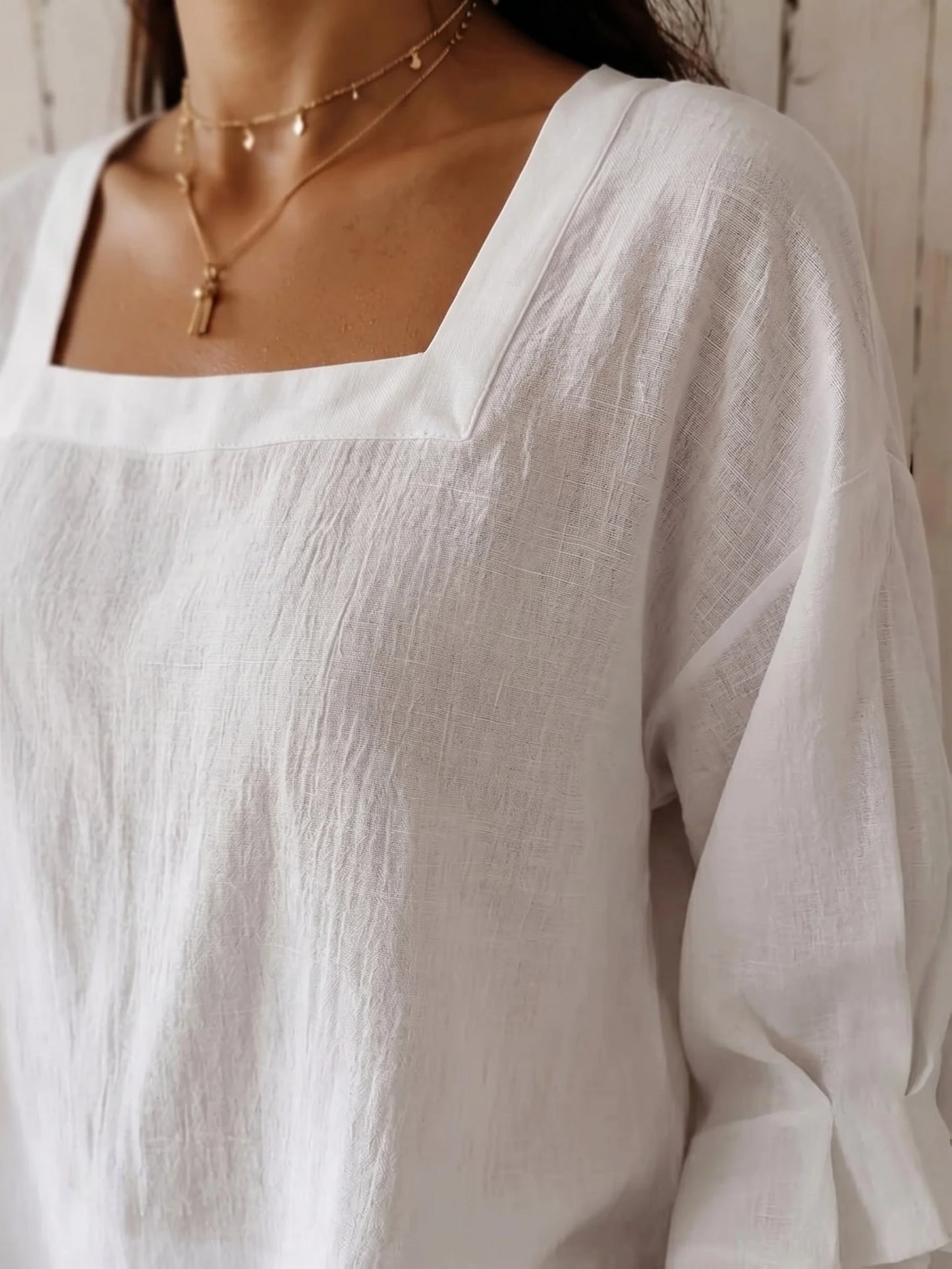 Women’s White Square Neck Top with Three Quarter Sleeves and Relaxed Fit
