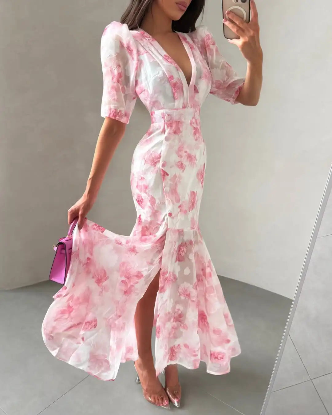 Women's Floral V Neck Puff Sleeve Maxi Dress with Fit and Flare Skirt