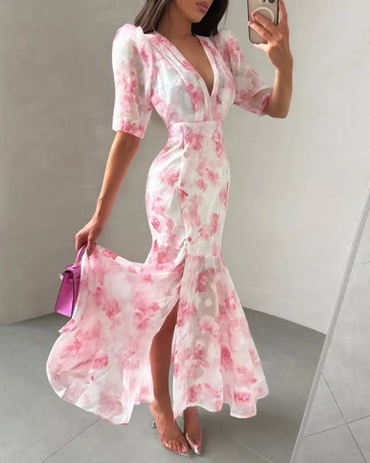 Women's Floral V Neck Puff Sleeve Maxi Dress with Fit and Flare Skirt