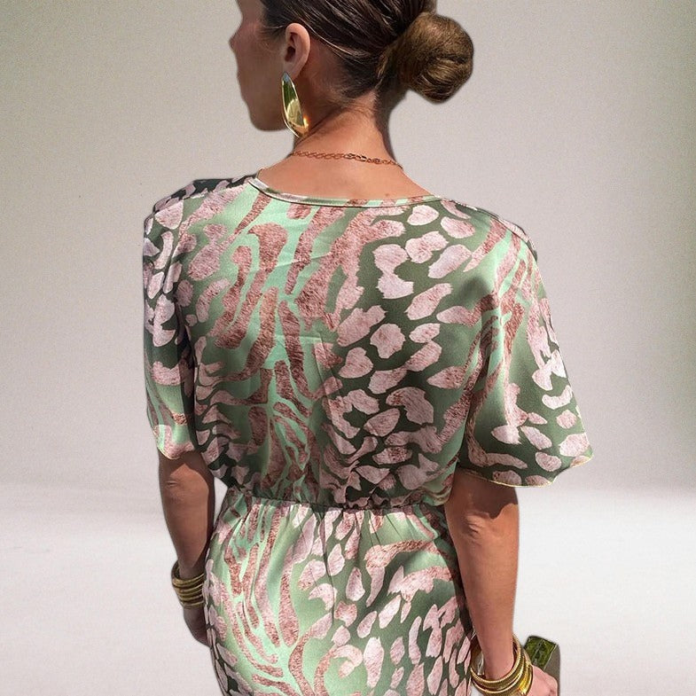 Women’s Printed Wrap Maxi Dress with V Neck, Short Sleeves and Tie Waist