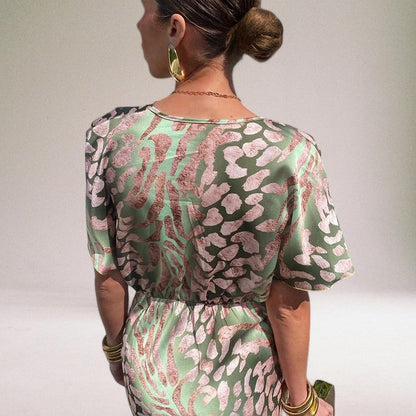 Women’s Printed Wrap Maxi Dress with V Neck, Short Sleeves and Tie Waist
