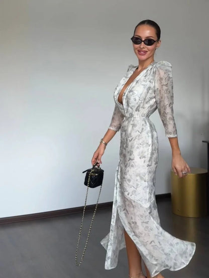 Women's Floral V Neck Puff Sleeve Maxi Dress with Fit and Flare Skirt