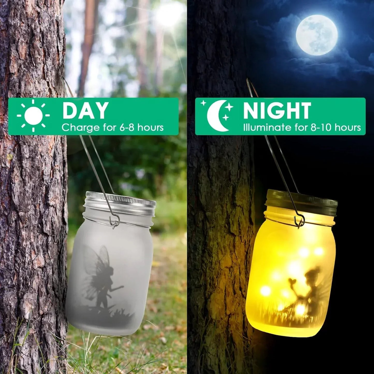 LZINA™ | Glass Fairy Lamp - Solar Mason Jar Lantern, IP65 Waterproof Outdoor Hanging Light