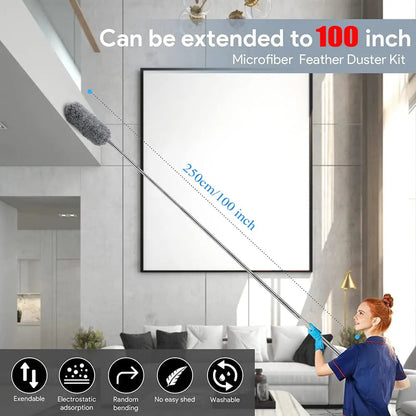 BowLift | Telescopic dust duster with extra long microfiber head (Free 3 replacement cleaning heads)