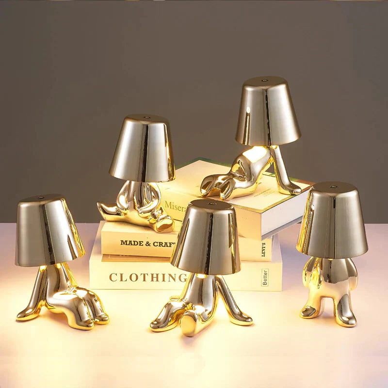 BowLift Golden Man LED Thinker Table Lamp – Playful Nightstand Light for Bedroom Decor