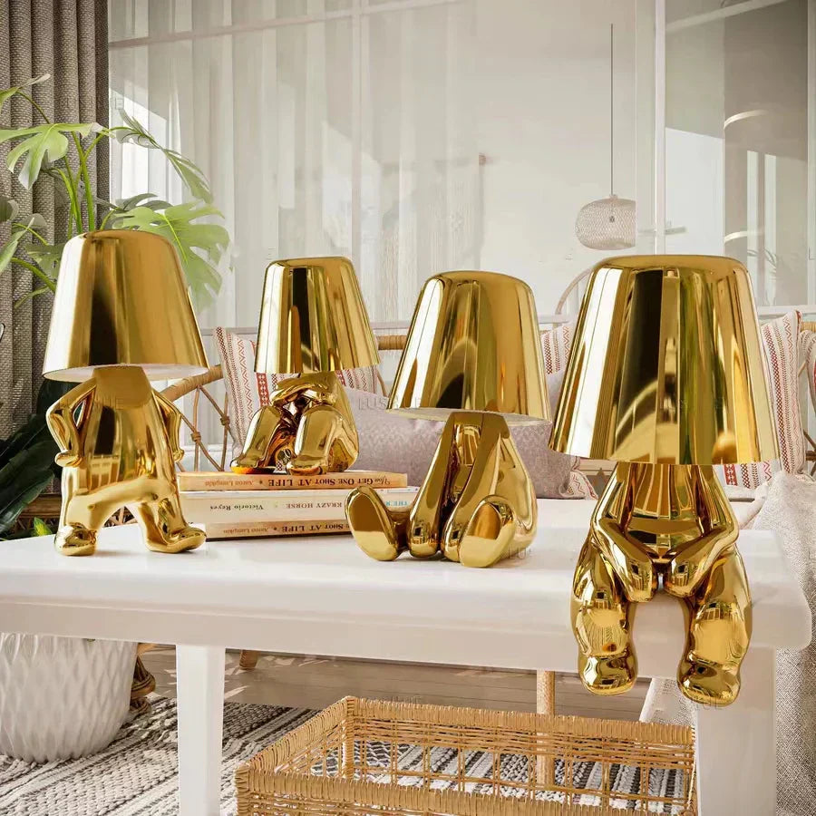 BowLift Golden Man LED Thinker Table Lamp – Playful Nightstand Light for Bedroom Decor