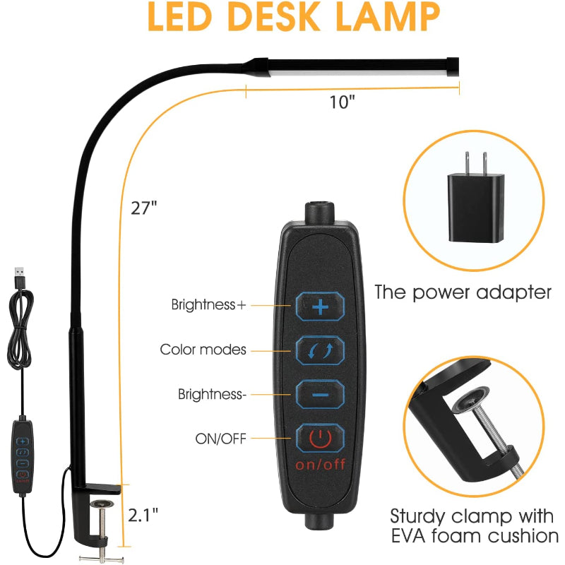 BowLift LED Desk Lamp – Eye-Friendly Clip-On Lighting for the Home Office, Flexible Gooseneck with Metal Swing Arm, USB Adapter, 3 Modes and 10 Brightness Levels, Architect Task Lamp, White