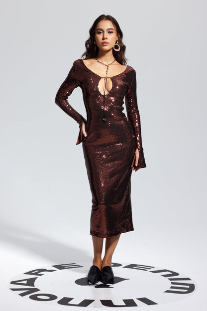 Women's Brown Long Sleeve Sequin Backless Midi Dress with Front Cut-Out