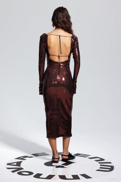 Women's Brown Long Sleeve Sequin Backless Midi Dress with Front Cut-Out