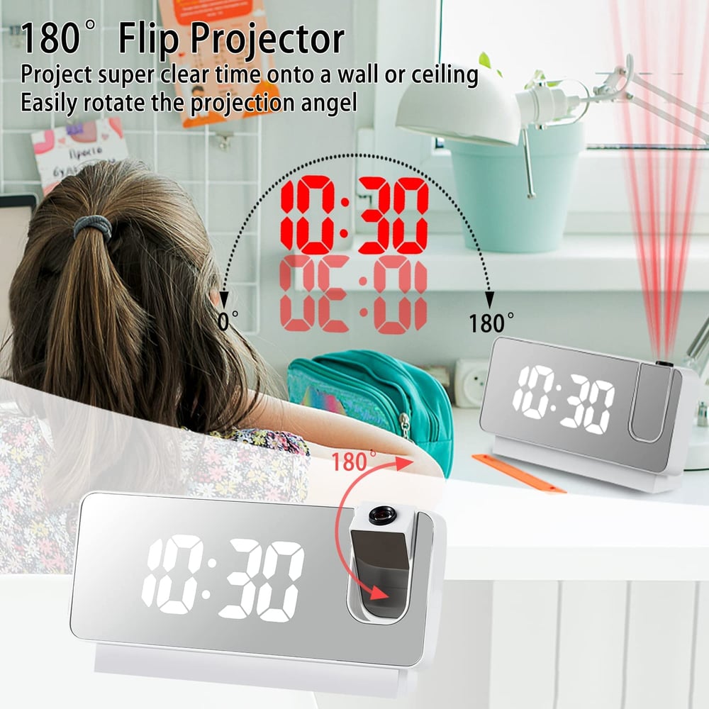 BowLift | Projection Alarm Clock | LED Display with Mirror Surface | Dual Alarms & Temperature | 19cm