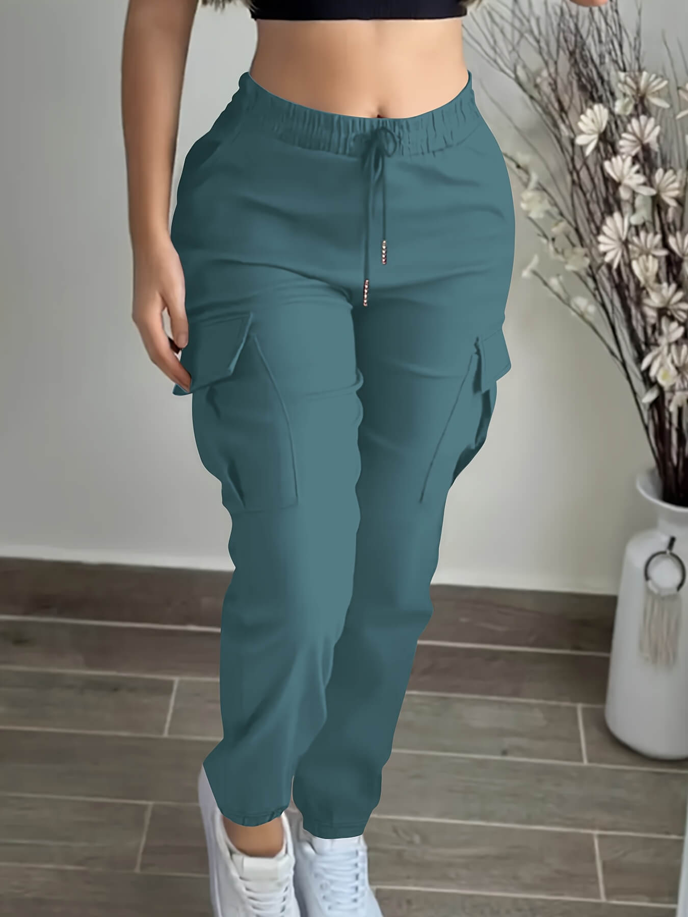 Women’s Cargo Trousers & Casual Workwear Pants – Drawstring Waist, Utility Pockets, Full-Length Polyester Cargo Joggers & Leisure Bottoms