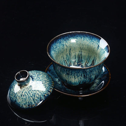 BowLift | Vintage Kiln Ceramic Gaiwan Sancai Tea Cup Tea Cup and Saucer with Lid