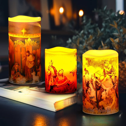 LZINA™ | Flameless LED Christmas Candles – 3pcs Battery-Powered Holy Night Lights Candle with Timer Featuring Nativity Scene for Warm Holiday Home Ambience