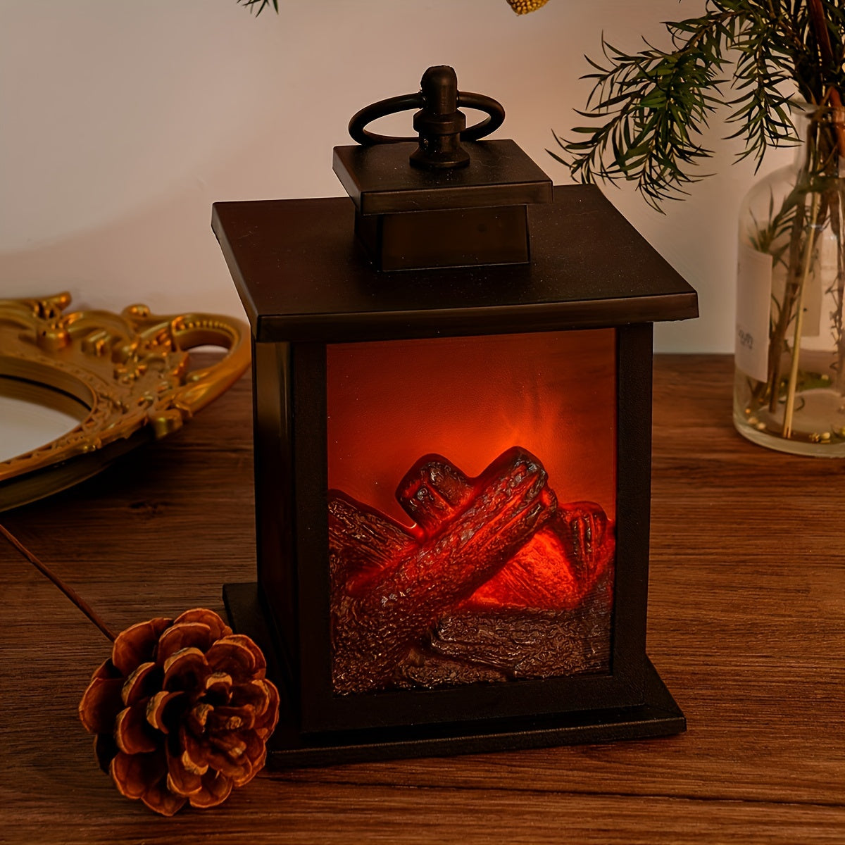 BowLift Cozy Rectangular Fireplace Lantern Lamp with Realistic Flame Effect