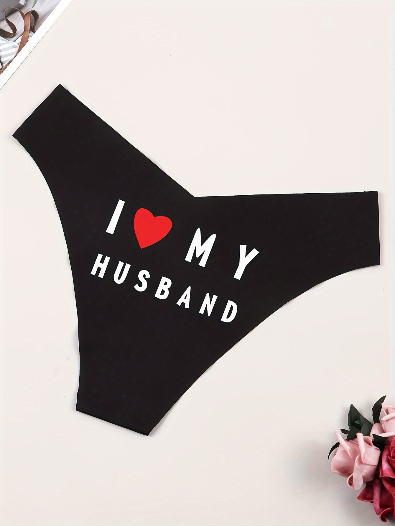Sexy Knickers, Sexy Underwear & Briefs – Black Triangle Panties with “I Love My Husband” Heart Print, Breathable Polyamide Knit, 1 Piece