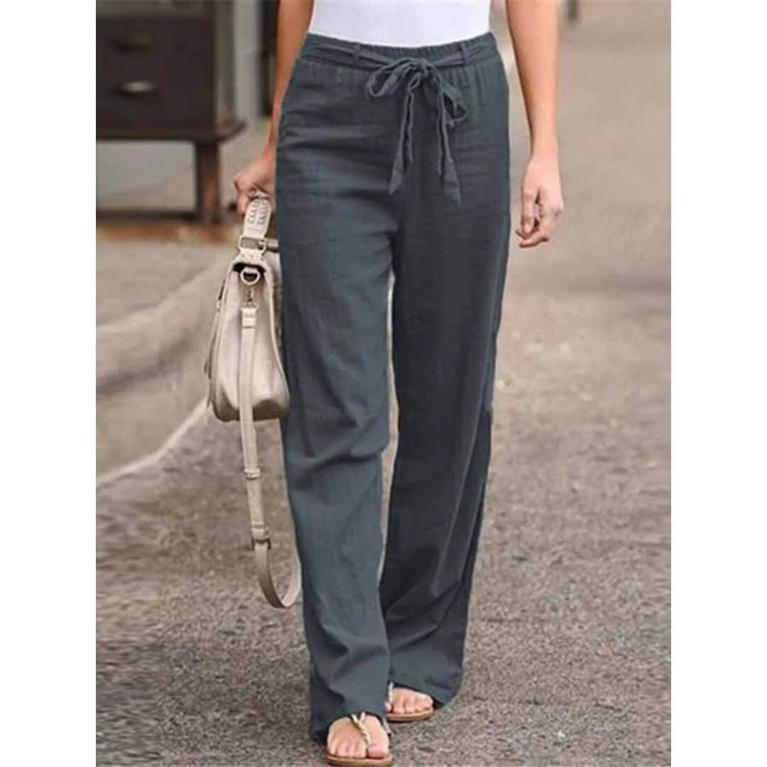 Women’s Cotton Linen Blend Drawstring Wide Leg Trousers