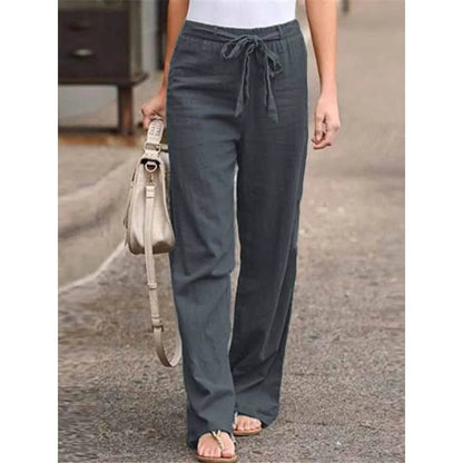 Women’s Cotton Linen Blend Drawstring Wide Leg Trousers