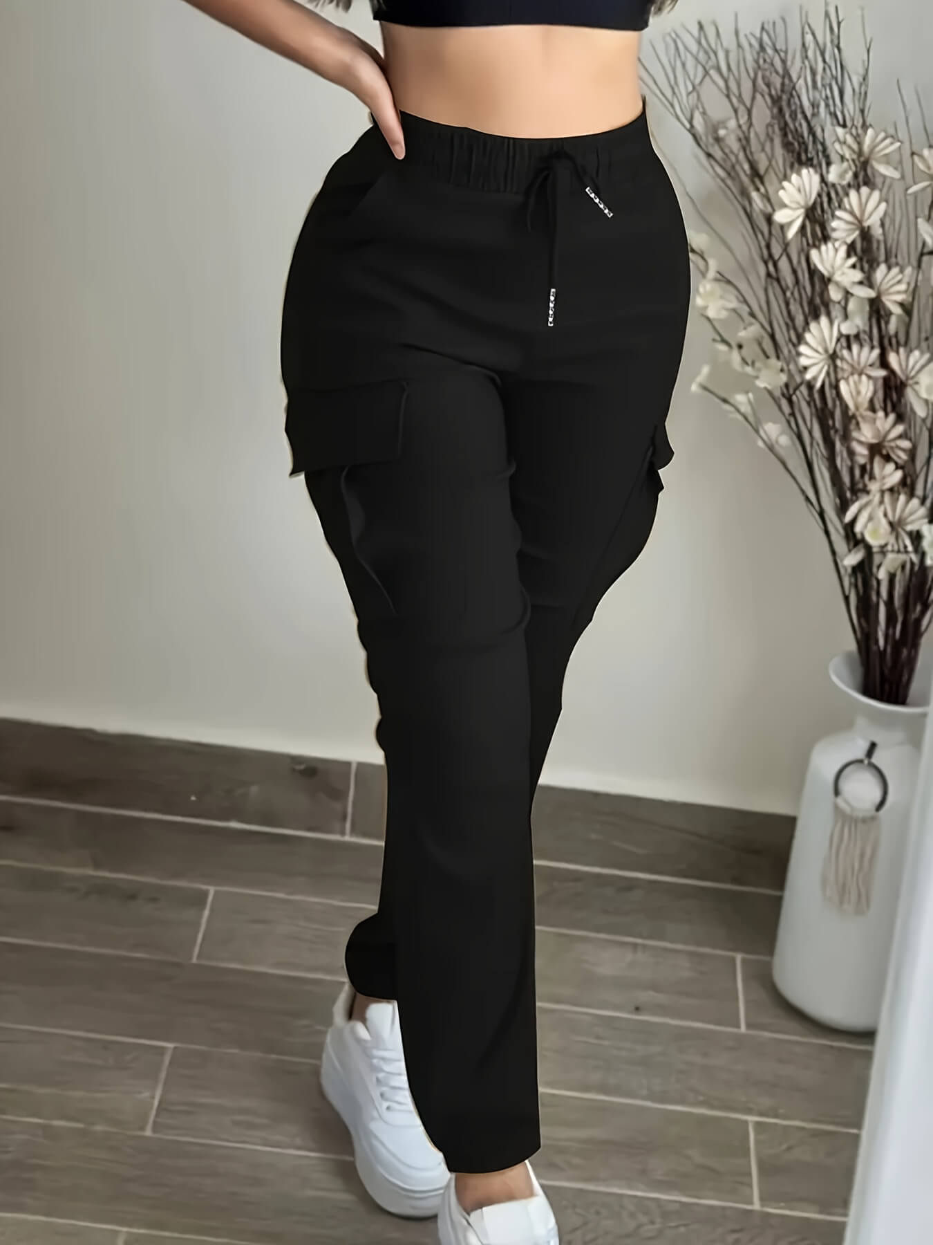 Women’s Cargo Trousers & Casual Workwear Pants – Drawstring Waist, Utility Pockets, Full-Length Polyester Cargo Joggers & Leisure Bottoms