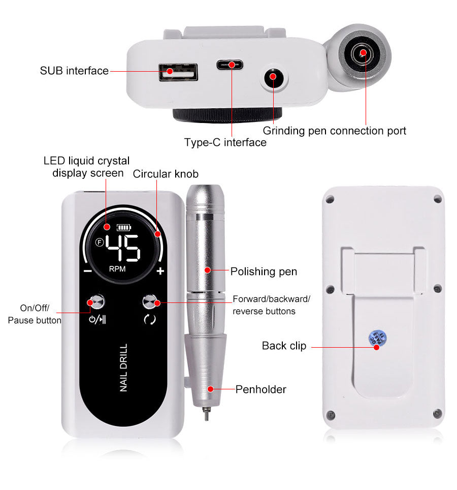 BowLift | Professional 45000RPM portable electric nail file with rechargeable battery | Low noise level for manicure