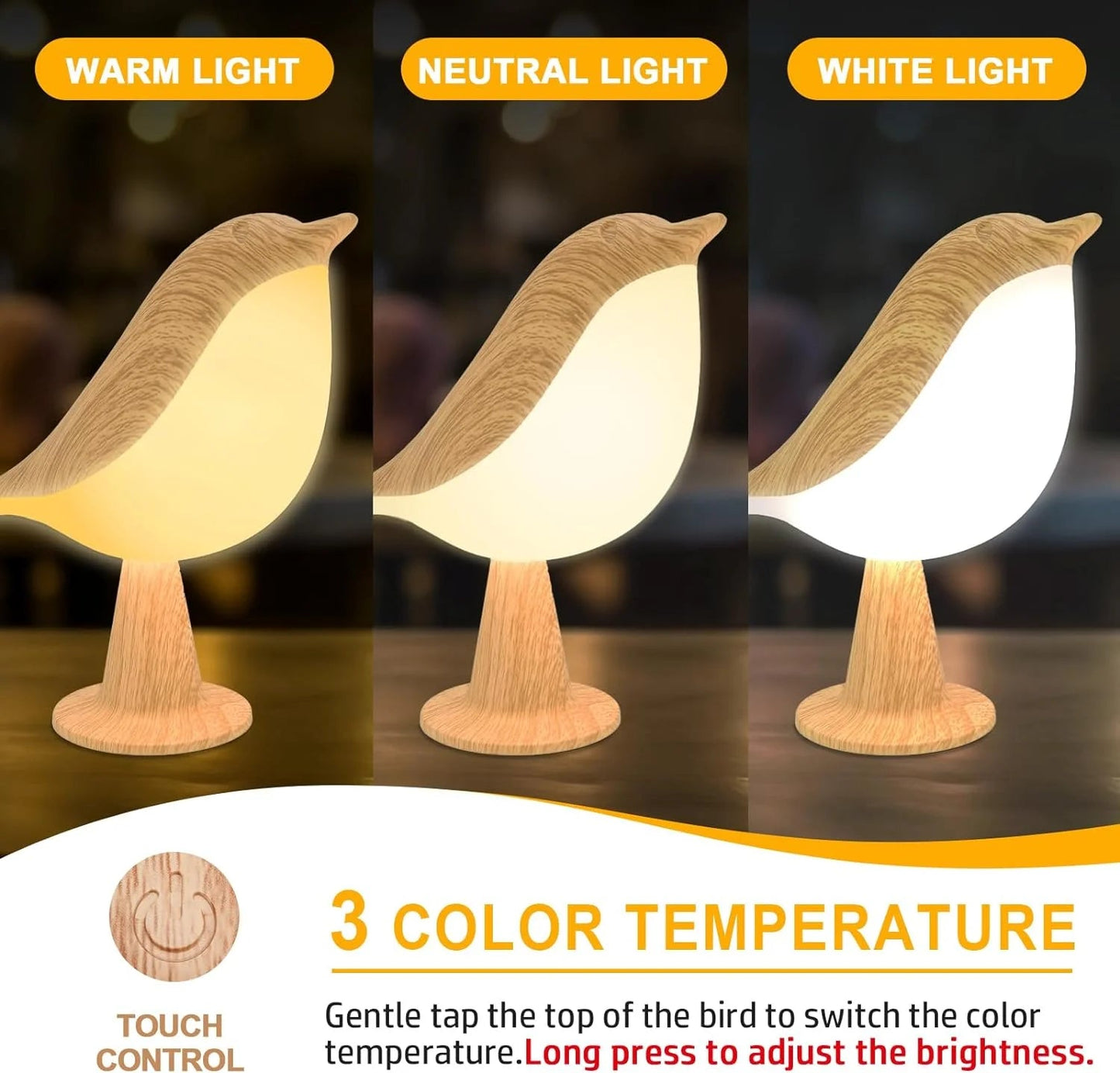 BowLift Touch-Control Wooden Bird Night Light with Rechargeable LED Bedside Lamp