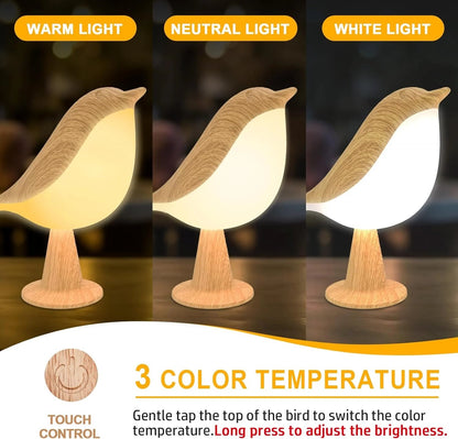 BowLift Touch-Control Wooden Bird Night Light with Rechargeable LED Bedside Lamp