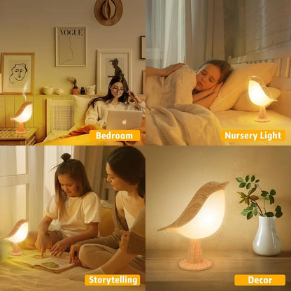 BowLift Touch-Control Wooden Bird Night Light with Rechargeable LED Bedside Lamp