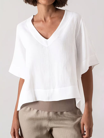 Women’s V Neck Loose Blouse with Half Sleeves and Casual Summer Fit