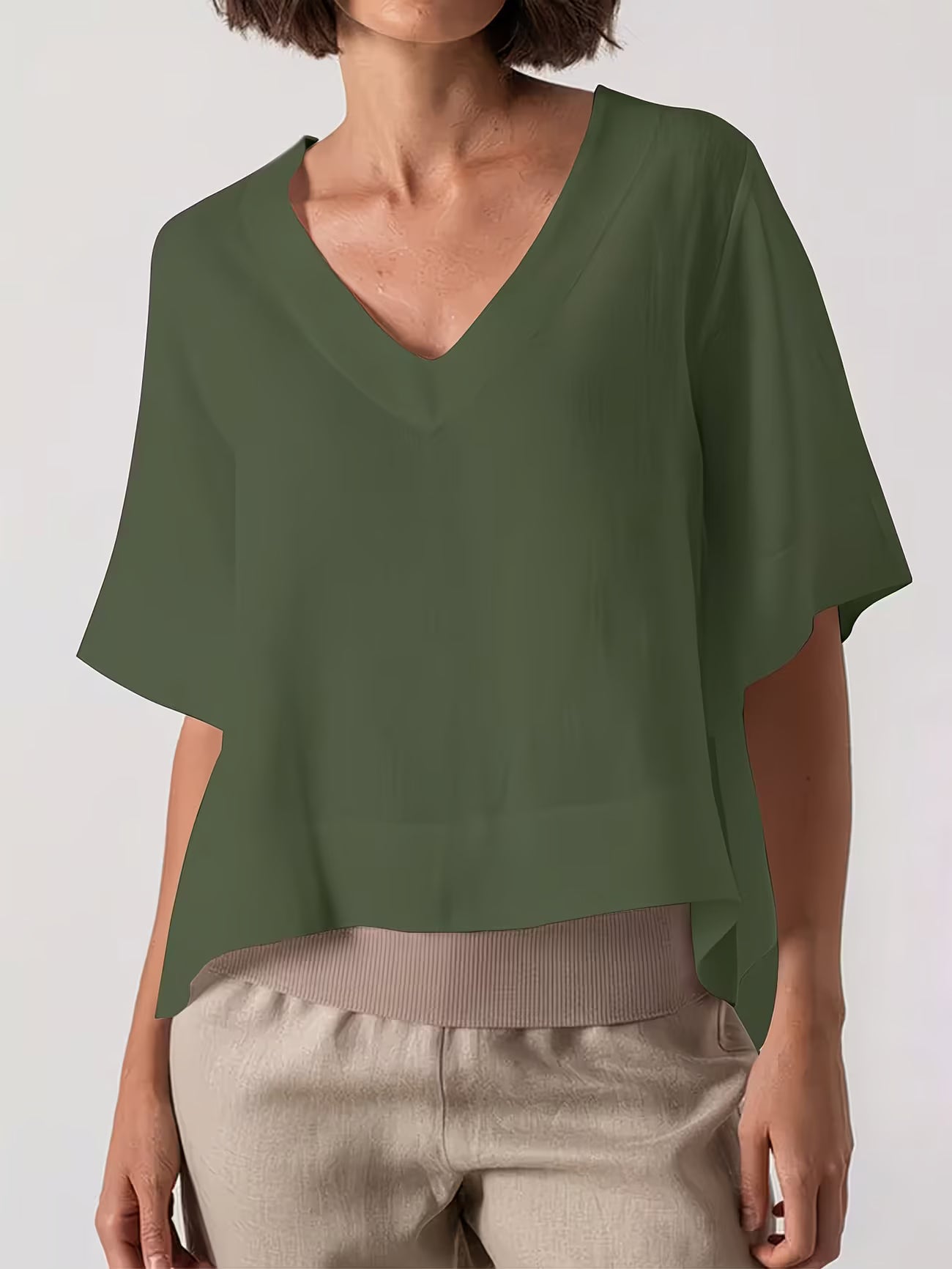 Women’s V Neck Loose Blouse with Half Sleeves and Casual Summer Fit